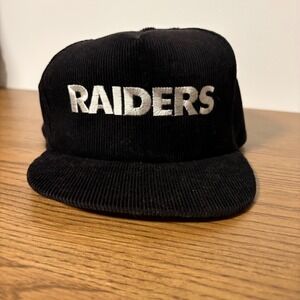 Vintage 90s Raiders Corduroy Snapback Hat Starline NFL Taiwan Black Silver OSFA